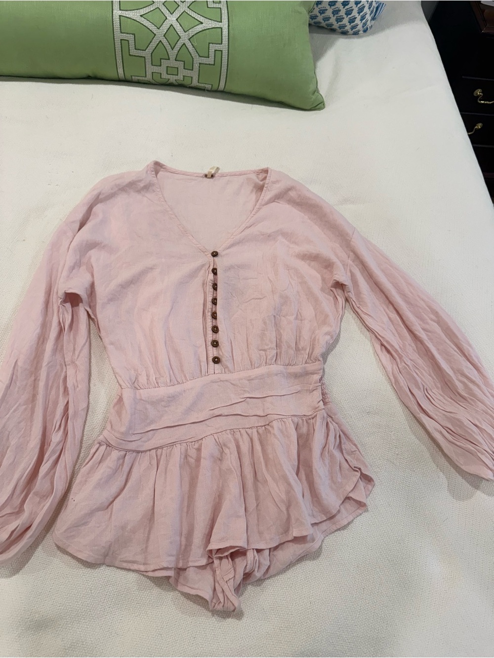 Light Pink V-Neck Peplum Long-Sleeve Romper